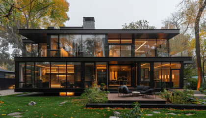 A large black house with a lot of glass windows and a large patio by AI generated image