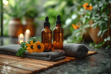 Lush greenery surrounds spa-like aromatherapy oils, with flowers adding to the calm and relaxing ambiance
