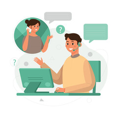 Customer service. Woman with headphones and microphone with laptop. Concept illustration for support, assistance, call center. Vector illustration in flat style