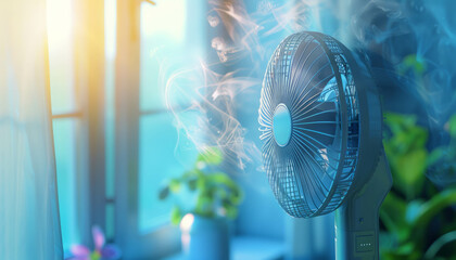High-quality photo showing a fan in action. Realistic airflow appliance for cooling. AI generative technology.