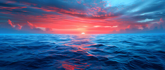 Obraz premium Twilight Bliss: The Ethereal Glow of a Sunset Cascading Over the Ocean, Creating a Serene and Romantic Atmosphere Amidst Waves and Reflections