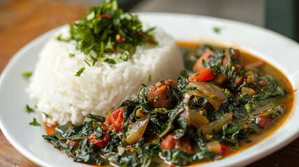 Colorful bowl of cassava leaves stew accompanied by steamed rice, a classic congolese dish, and topped with fragrant herbs