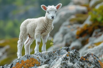 A calm sheep stands gracefully on a cliff edge, with a beautifully blurred green landscape in the background