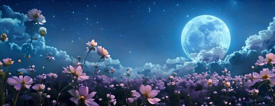 Fabulous purple flowers on the field in the moonlight in the clouds. vector simple illustration 4K Video