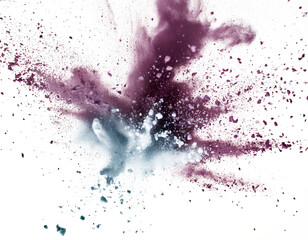 A colorful abstract explosion of pink and blue paint or smoke against a dark background, with splashes and splatters of vibrant colors