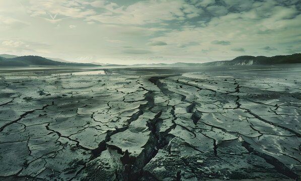 Cracked and Barren Landscape of a Parched and Sun Baked Desert Environment