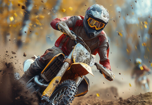 Piloto motocross Enduro, deportista tomando una curva a mucha velocidad derrapando, casco integral fondo difuminado. Deportes extremos, riesgo, seguros, licencias, cartel carreras, d&iacute;a del padre