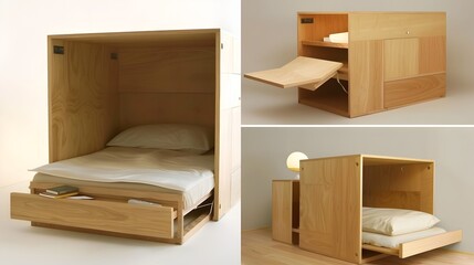 Wooden Multifunctional Bed with Hidden Drawers and Shelves in Minimalist Bedroom Interior