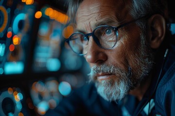 Technician in a control room intently monitors critical system readouts