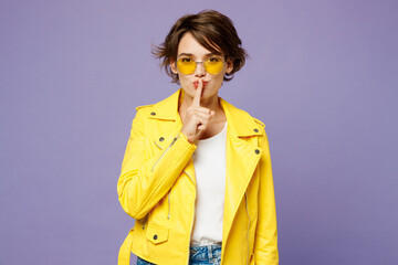 Young smiling woman she wear yellow shirt white t-shirt casual clothes glasses say hush be quiet...