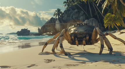 Fantasy creature with 5 legs on a paradisiac island beach. Exotic creation on sandy shore. AI generative technology.
