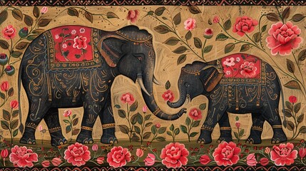 Traditional Madhubani Bharni style painting of an elephant mom and her son, adorned with pink and red carnations, Mother's Day concept, love and bond