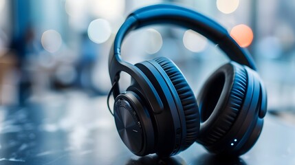 Closeup View of Wireless Headphones on Blurred Backdrop