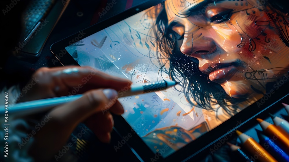 Poster close up of an s hands using digital drawing tablet and stylus to create vibrant abstract artwork