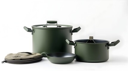 The modern and minimalist kitchen cookware collection in black and green shades featuring a variety of pots pans and utensils for versatile meal and