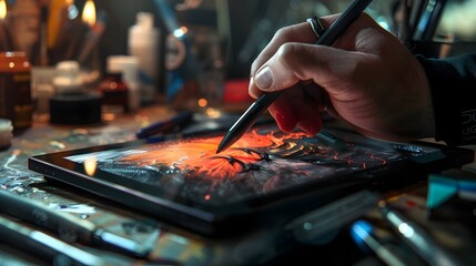 Obraz premium Talented Crafting Vibrant Digital Artwork on Tablet in Creative Workspace