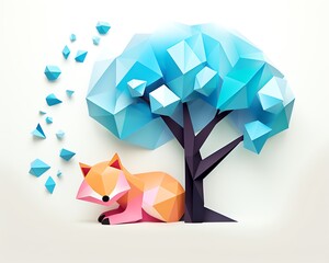 A low poly illustration of a fox sleeping under a tree made of blue crystals.