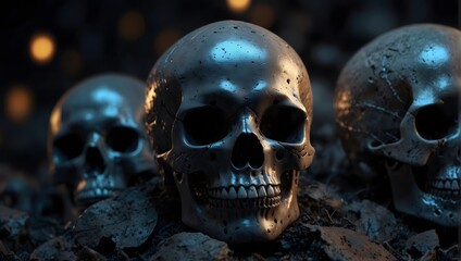 skulls on fire in Horror concept in a pile of stones. Generative Ai