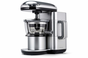 A masticating juicer with a sleek silver body and a reverse function for easy cleaning isolated on a solid white background.