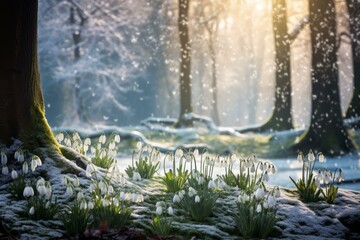 Picturesque Snowdrops forest violet blossom. Nature spring outdoor flora plant. Generate Ai
