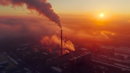 Carbon emissions from factory chimneys sinking into thick smog  industrial pollution impact.