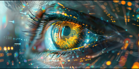 A closeup of an eye displaying digital data and holographic projections around the iris with futuristic vision technology.