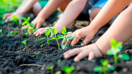 Concept of kids engaged in invironmental care. Hands of children cultivating plants on the soil.