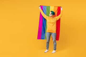 Full body young lesbian woman with dyed green hair wear hoody casual clothes hold rainbow flag...