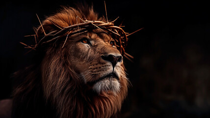 Naklejka premium Concept of sacred imagery of Christian iconography with the lion of Judah wearing crown of thorns isolated on black background.