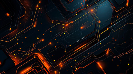 Futuristic circuit board with orange lights making glowing connections. Can be used as background.