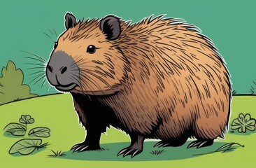 Obraz premium Cute cartoon illustration of a capybara standing on a green lawn.