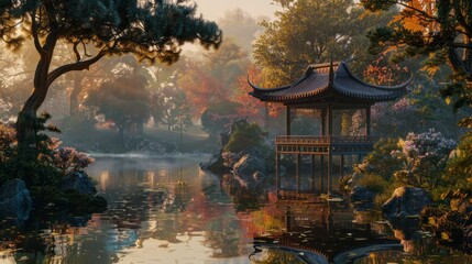 Obraz premium Enveloped in Serenity: Japanese Garden at Dawn.