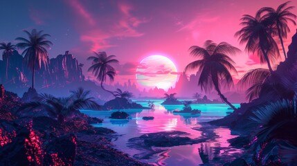 Futuristic neon landscape with palm trees at sunset.