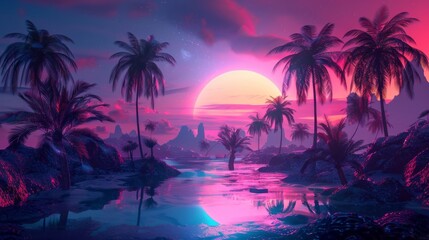 Futuristic neon landscape with palm trees at sunset.