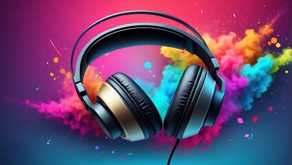 World music day with headset headphones, Music day event and colorful background. Generative Ai.