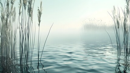 Beautiful serene nature scene with river reeds fog - Powered by Adobe