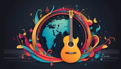 World music day with headset headphones, Music day event and colorful background. Generative Ai.