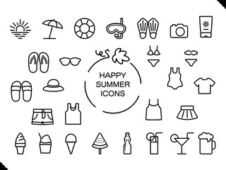 夏のアイコンセット、黒の画線のベクターイラストのアイコンセット
