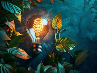 Light bulb glowing yellow, dark blue background, green leaves, depicting concept of eco-friendly energy, sustainable development, healthy environment