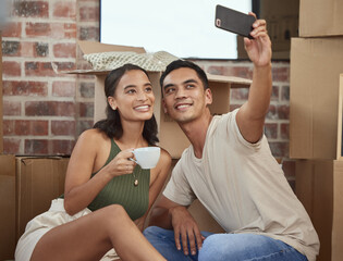 Couple, selfie and box in new house and happy, profile picture and real estate for mortgage and...