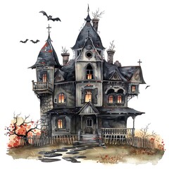 A Haunted house watercolor clipart, isolate white background