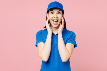 Delivery girl employee woman wear blue cap t-shirt uniform workwear work as dealer courier scream...