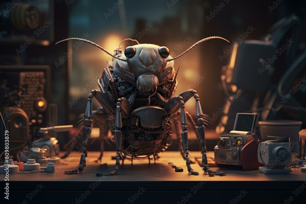 Poster intricate software bug robot. virus sign. generate ai