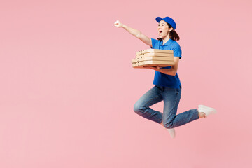 Full body delivery employee woman wear blue cap t-shirt uniform workwear work as dealer courier...