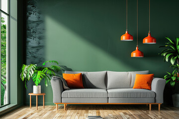 Modern living room with gray sofa against dark green wall and orange pendant lamps