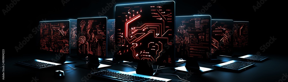 Poster circuit board pattern on the screens of dark computers