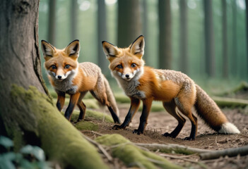 Zwei putzige junge Rotfüchse spielen auf einem moosbedeckten Baumstamm eines mystischen Waldes. Ihre fuchsroten Pelze leuchten im Sonnenlicht, umgeben von üppigem Grün der Farne und Bäumen.