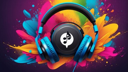 World music day with headset headphones, Music day event and colorful background. Generative Ai.