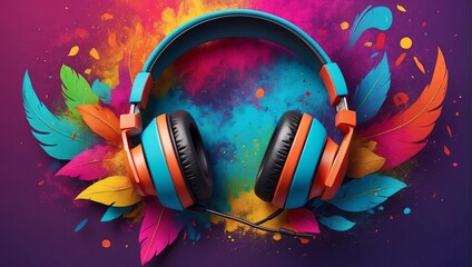 World music day with headset headphones, Music day event and colorful background. Generative Ai.