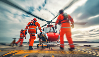Paramedics in orange uniforms getting into helicopter near. Some motion blur to emphasise action. Generative AI